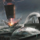 Concept art shows a giant floating platform blast through an alien worm's mouth with a laser.